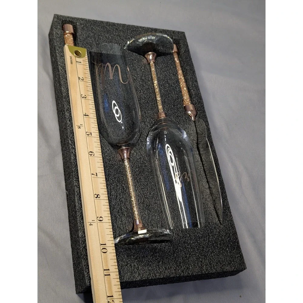 Mr Mrs Wedding Champagne Flutes Cake Knife Server Set Rose Gold Glitter